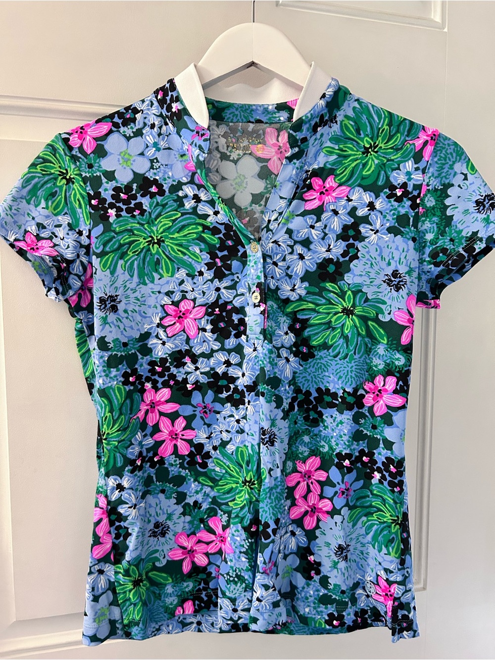 Lilly Pulitzer Short Sleeve Floral Polo in Blue, Green & Pink